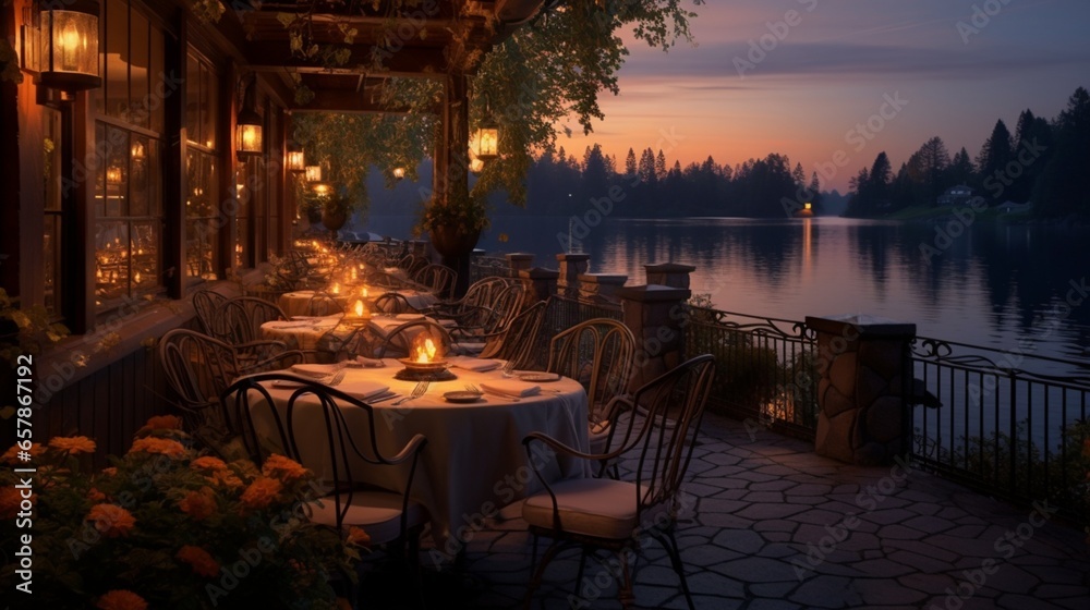 Depict a serene scene of a lakeside restaurant at twilight, with soft, ambient lighting, a lakeside view, and diners savoring a memorable meal