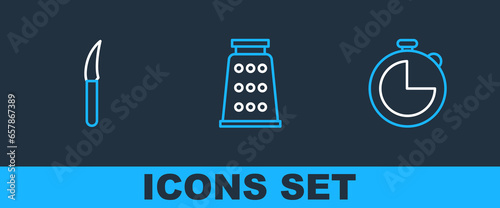Set line Kitchen timer, Knife and Grater icon. Vector
