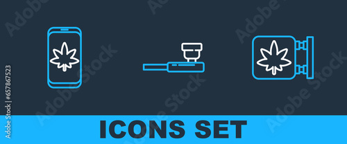 Set line Marijuana and cannabis store, Mobile marijuana and Smoking pipe icon. Vector