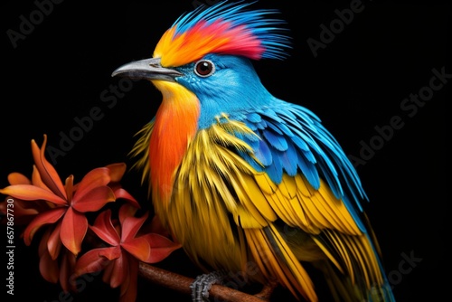 A vibrant avian species against contrasting black and blue backgrounds. Generative AI