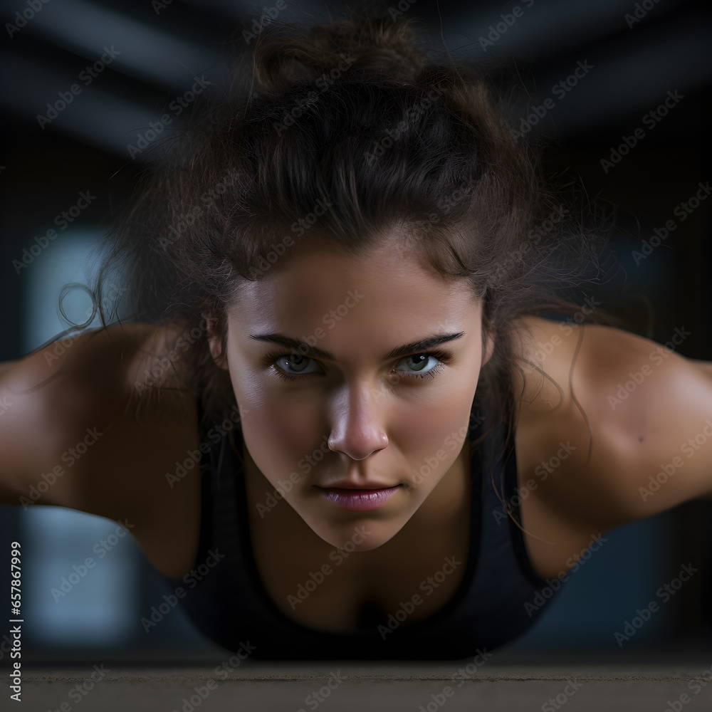Woman doing pushups in the gym. Generative ai. Woman doing pushups in the gym. Generative ai.