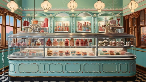 Paint a detailed portrait of a vintage ice cream parlor, with glass display cases filled with colorful, hand-scooped ice cream flavors and retro decor