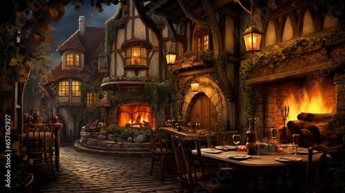 Paint a detailed view of a romantic candlelit bistro  with vintage wine barrels  flickering candles  and a couple sharing a romantic meal by soft candlelight