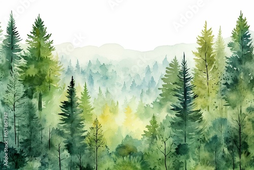 Artistic watercolor background with lush evergreen trees  suitable for card or invitation designs. Generative AI