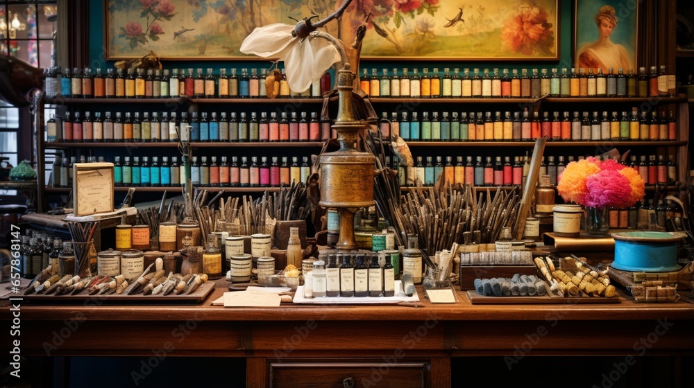 stationery shop with rows of exquisite paper, colorful ink bottles, and quill pens on display