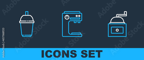 Set line Manual coffee grinder, Coffee cup to go and machine icon. Vector