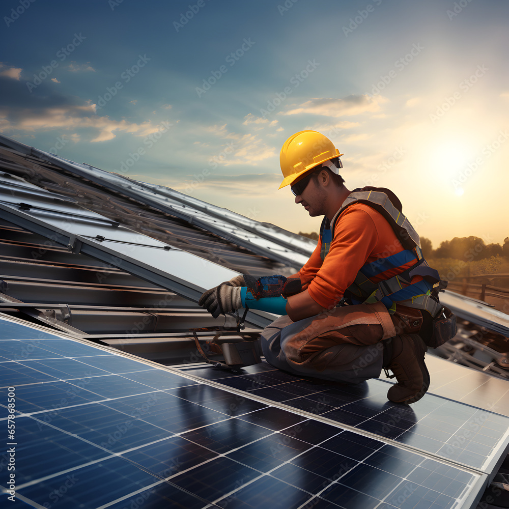 Construction worker installing solar panels on a roof. Generative ai. Construction worker installing solar panels on a roof. Generative ai.