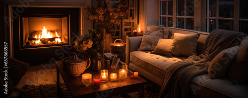Cozy living room with soft candlelight and a warm fireplace