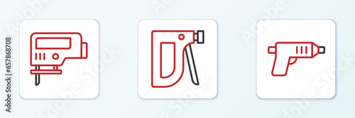 Set line Electric cordless screwdriver, jigsaw and Construction stapler icon. Vector