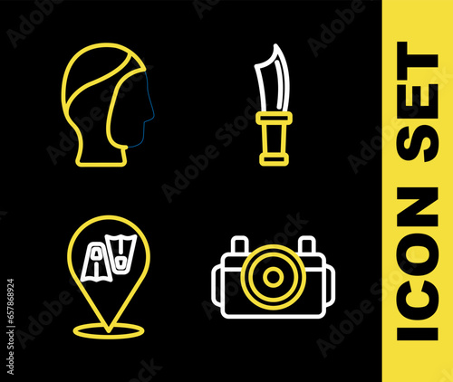 Set line Diving knife, Photo camera for diver, Flippers swimming and hood icon. Vector