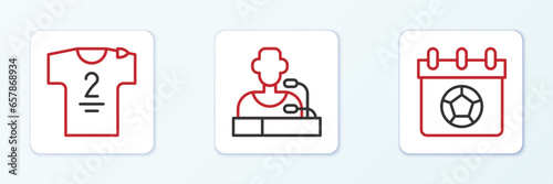 Set line Football or soccer calendar, jersey and t-shirt and player press conference icon. Vector