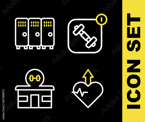 Set line Fitness app, Heartbeat increase, Gym building and Locker or changing room icon. Vector