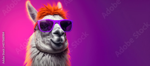 portrait of happy lama  wearing purple sunglasess, purple background with copy space 