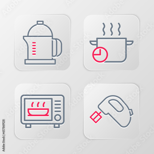 Set line Electric mixer, Microwave oven, Cooking pot and French press icon. Vector