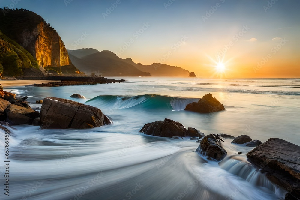 A group of surfers catching waves in a picturesque bay, with the morning sun on the horizon. A group of surfers catching waves in a picturesque bay, with the morning sun on the horizon.