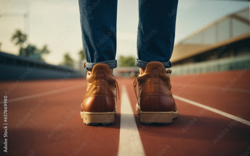 Close up of male legs in sneakers standing on the stadium track created by generative AI technology.