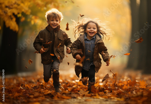 Children running through autumn leaves