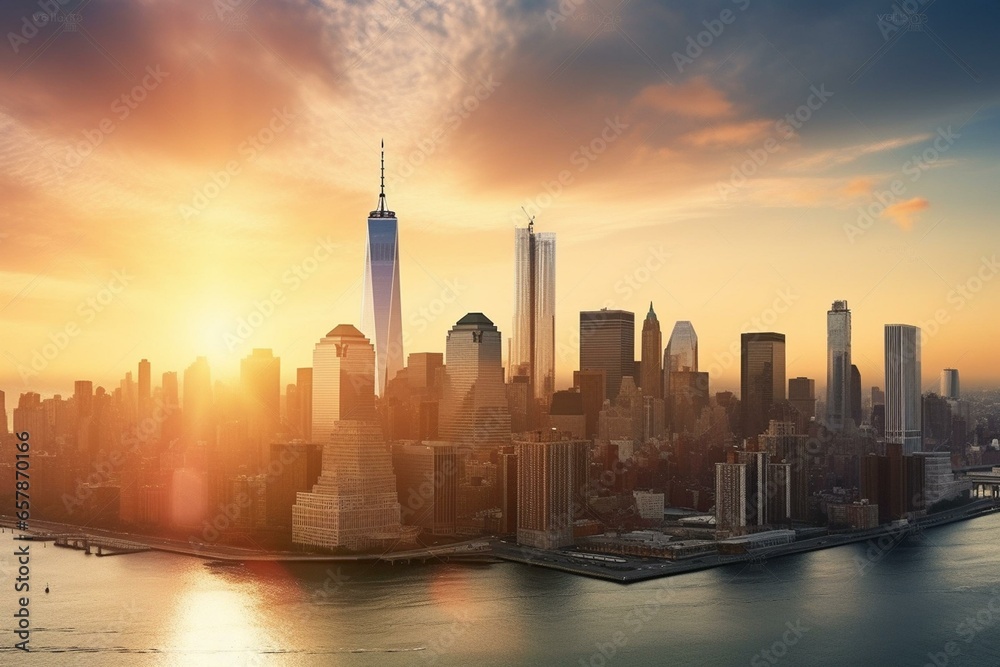 Sunrise over Manhattan skyscrapers. Panoramic skyline of New York City towards Lower Manhattan. Generative AI