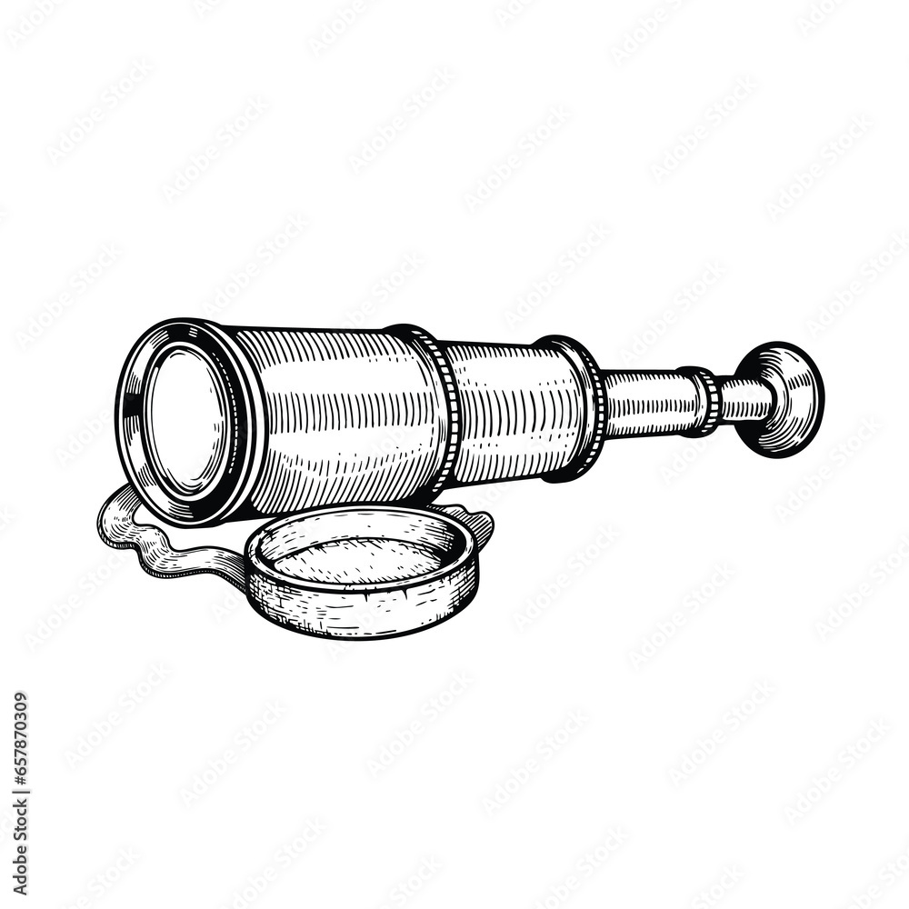 Spyglass telescope lens in sketch hand drawn style. Vector black