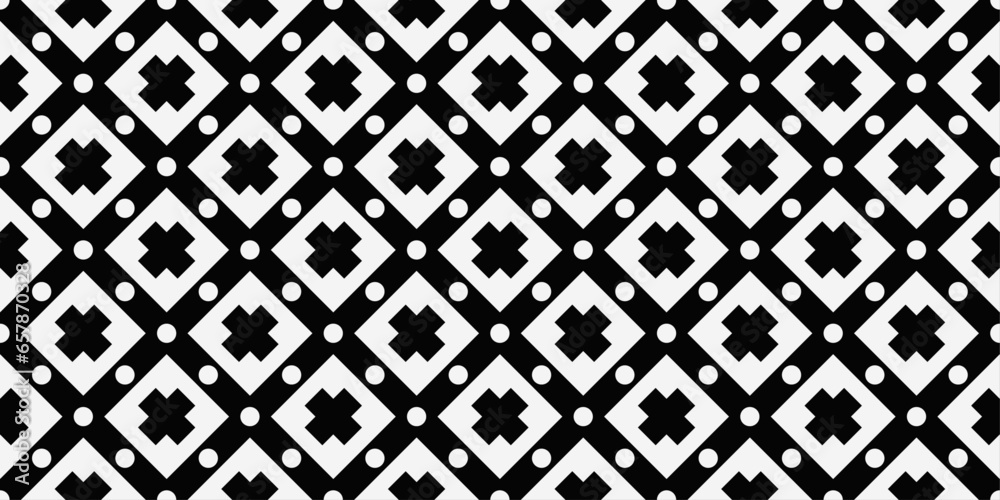 There are dots between the diamonds. Vector monochrome pattern of geometric repeating shapes.
