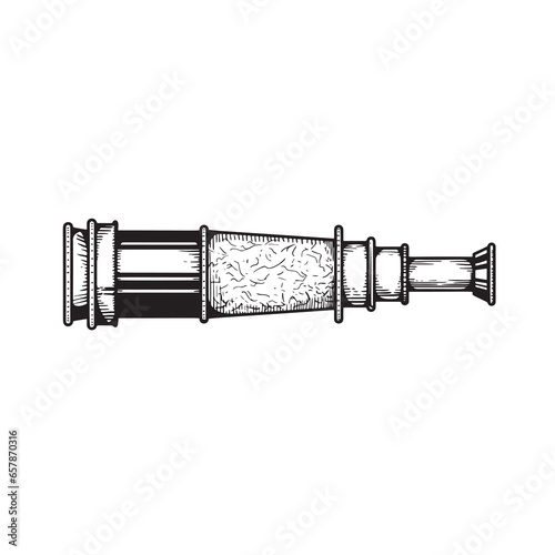 Spyglass telescope lens in sketch hand drawn style. Vector black vintage engraving illustration. Best for nautical and science designs.