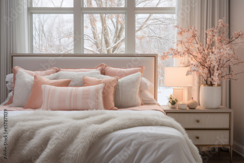 Festive bedroom decorated with peachy pink and coral accents © thejokercze
