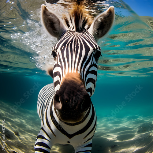 Zebra swimming underwater looking at the camera. Generative ai. 