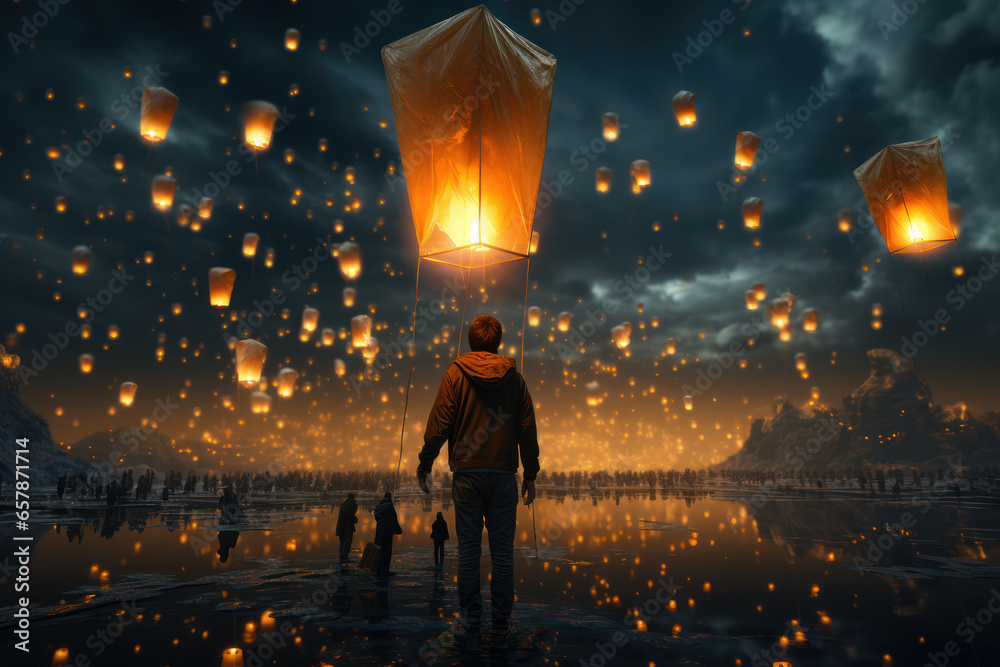 A person releasing a sky lantern into the night sky, carrying their hopes and wishes for the coming year. Concept of hope and dreams. Generative Ai.