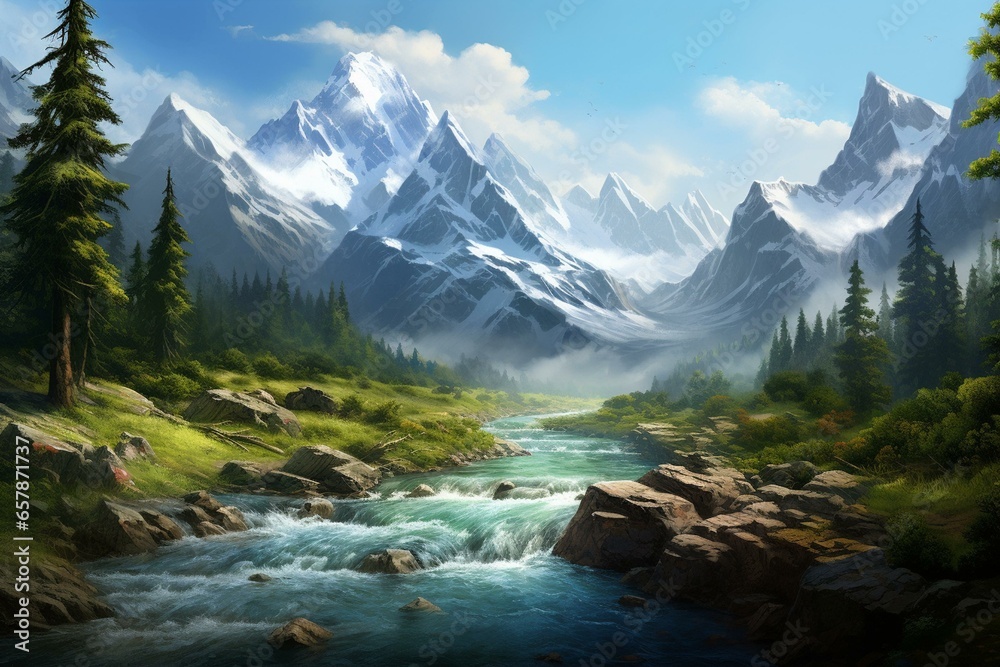 Serene waterway flows amidst lush valley surrounded by towering peaks. Generative AI