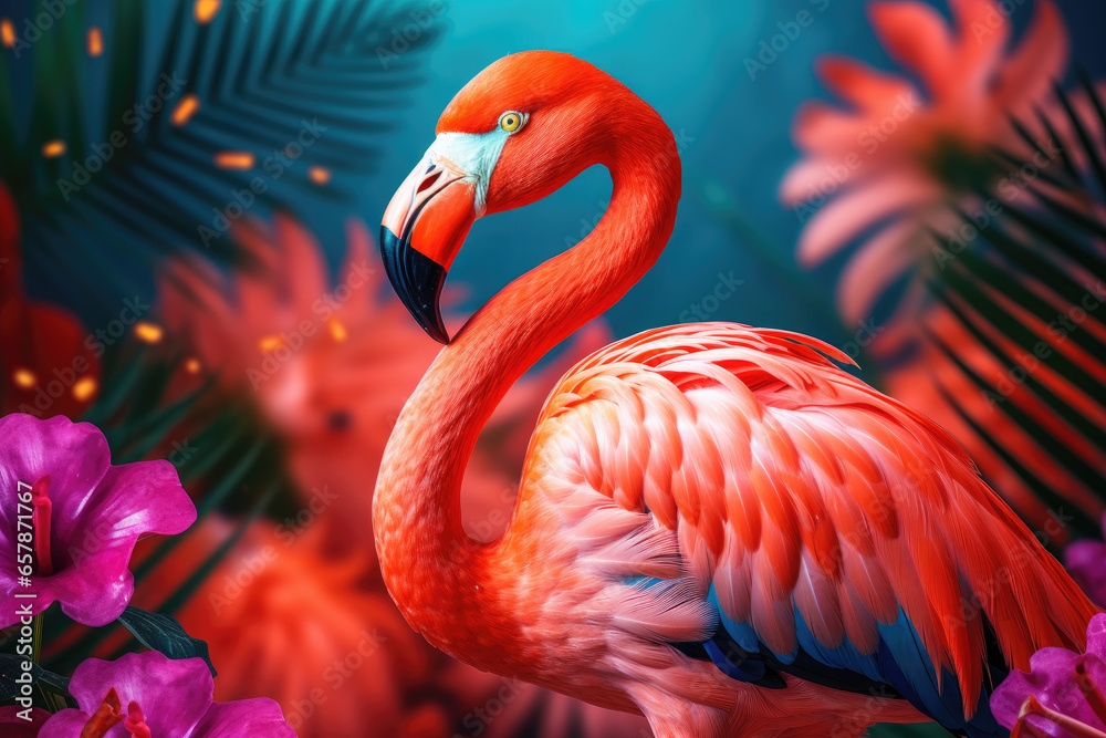 Fototapeta premium Flamingo on a vivid tropical background