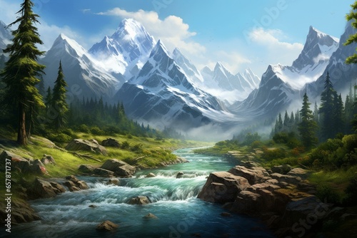 Serene waterway flows amidst lush valley surrounded by towering peaks. Generative AI photo