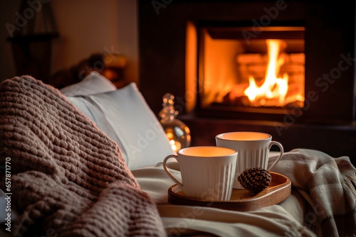 Cozy living in winter by fireplace. Winter mood concept