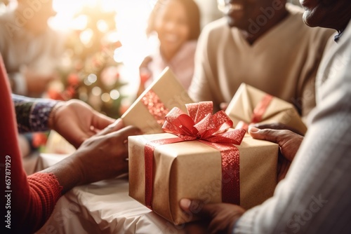 Close up shot of African American family exchanging gifts in Christmas