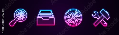 Set line Microorganisms under magnifier, Drawer with documents, Stop virus, bacteria and Crossed hammer and wrench. Glowing neon icon. Vector