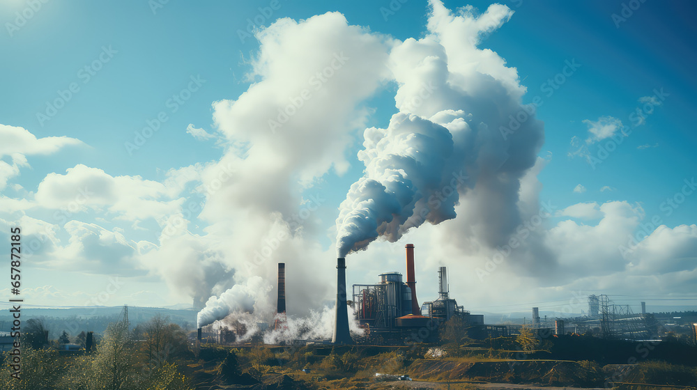 Chimney of a factory with smoke against blue sky. Smokestack, industrial plant, pollution of the environment by harmful emissions into the air. 