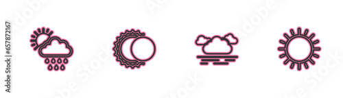 Set line Cloud with rain and sun, , Eclipse of the and Sun icon. Vector