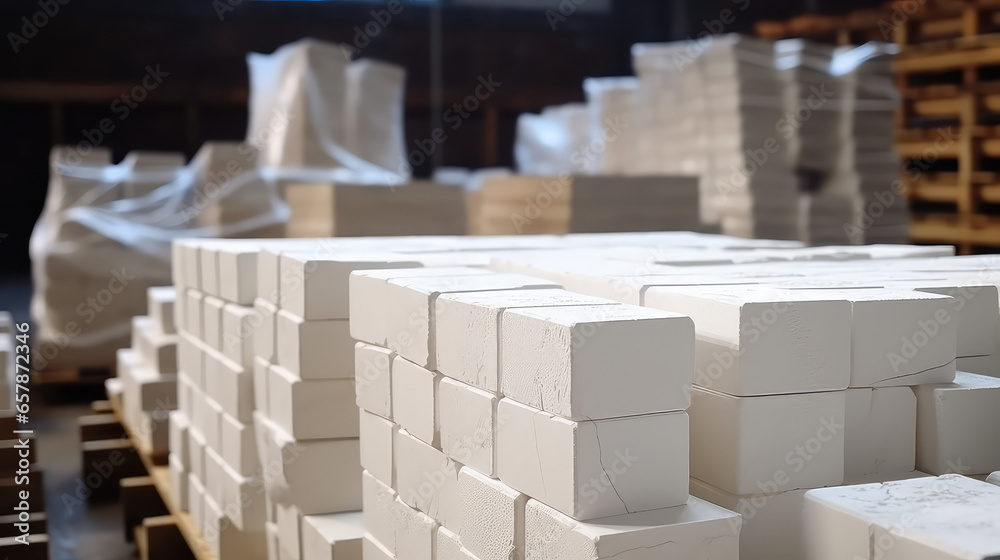 Concept Production of repair and building materials. Pallets and packages of produced white bricks in the warehouse of a construction plant. Concept Production of repair and building materials. Pallets and packages of produced white bricks in the warehouse of a construction plant.