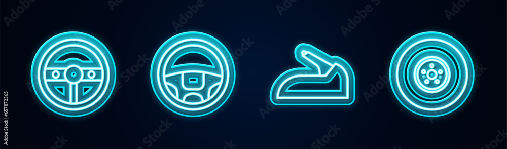 Set line Steering wheel, , Car handbrake and disk. Glowing neon icon. Vector Set line Steering wheel, , Car handbrake and disk. Glowing neon icon. Vector