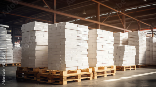 Concept Production of repair and building materials. Pallets and packages of produced white bricks in the warehouse of a construction plant.  © dinastya