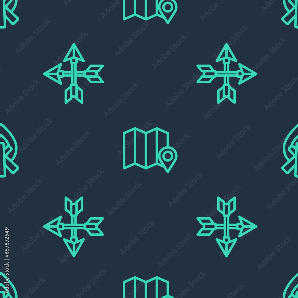 Set line Location of the forest on map, Crossed arrows and Campfire on seamless pattern. Vector Set line Location of the forest on map, Crossed arrows and Campfire on seamless pattern. Vector