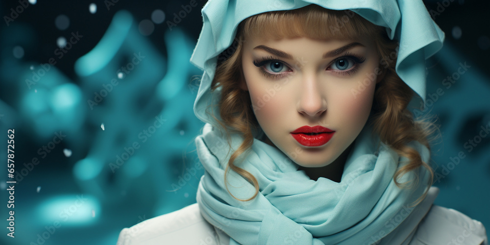 Wunderschöne Frau Gesicht mit Mütze mit wunderschönen Hintergrund Nahaufnahme Querformat für Banner, ai generativ Wunderschöne Frau Gesicht mit Mütze mit wunderschönen Hintergrund Nahaufnahme Querformat für Banner, ai generativ