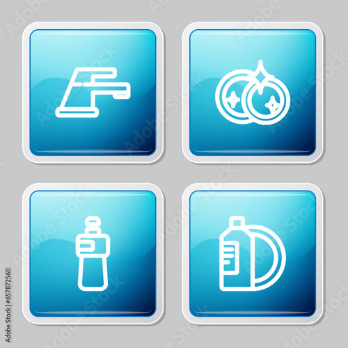 Set line Water tap, Washing dishes, Dishwashing liquid bottle and and plate icon. Vector