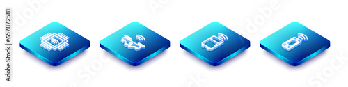 Set Isometric line Processor with microcircuits CPU, Smart drone, refrigerator and Wireless smartphone icon. Vector