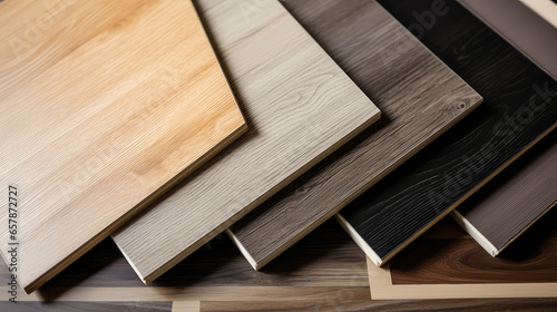 Wood laminate floor square samples, vinyl tile. Assortment of parquet or laminate floor samples in natural colors. Oak wooden background. 