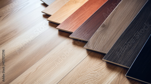 Wood laminate floor square samples, vinyl tile. Assortment of parquet or laminate floor samples in natural colors. Oak wooden background.  photo
