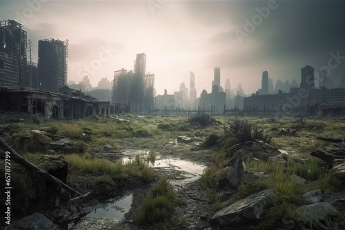 Destroyed city overtaken by nature due to climate change. Generative AI