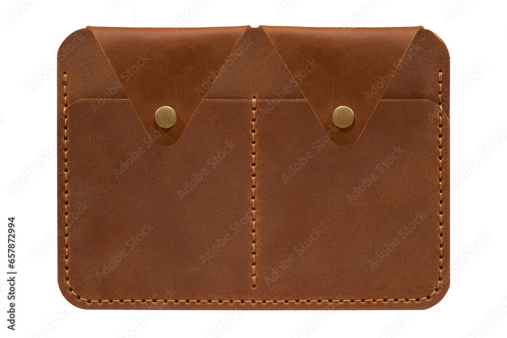 Brown leather dockholder with two empty with compartments for credit cards that close with a button isolated on white background.