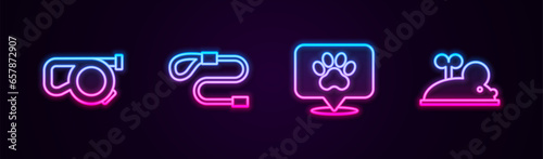 Set line Retractable cord leash, , Location veterinary hospital and Clockwork mouse. Glowing neon icon. Vector