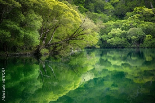 Peaceful reflections in the green lakes of New Zealand. Generative AI