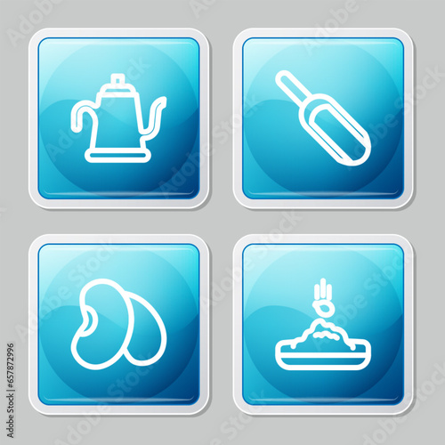 Set line Watering can, Scoop flour, Beans and Seed icon. Vector